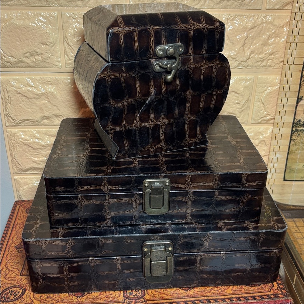 Vintage Set of 3 Black and Brown Mock Croc Reptile Decorative Boxes